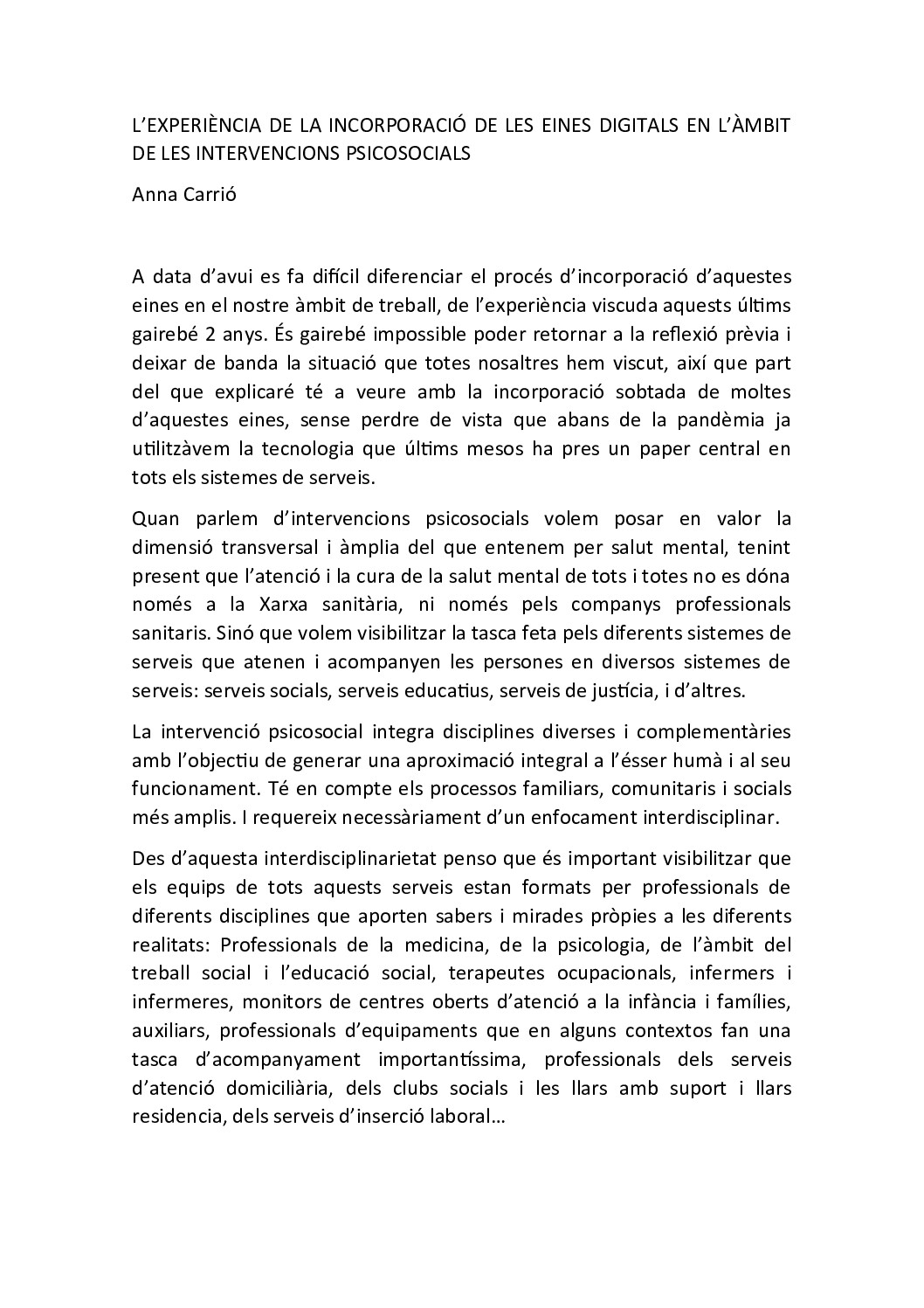 L’experiència de la incorporació de les eines Digitals en L’àmbit de les Intervencions Psicosocials
