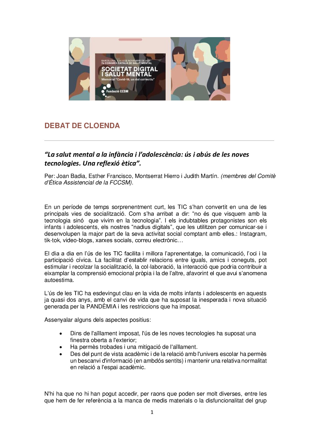 La salut mental en la infància i l’adolescència: Ús i abús en les noves tecnologies. Reflexions ètiques